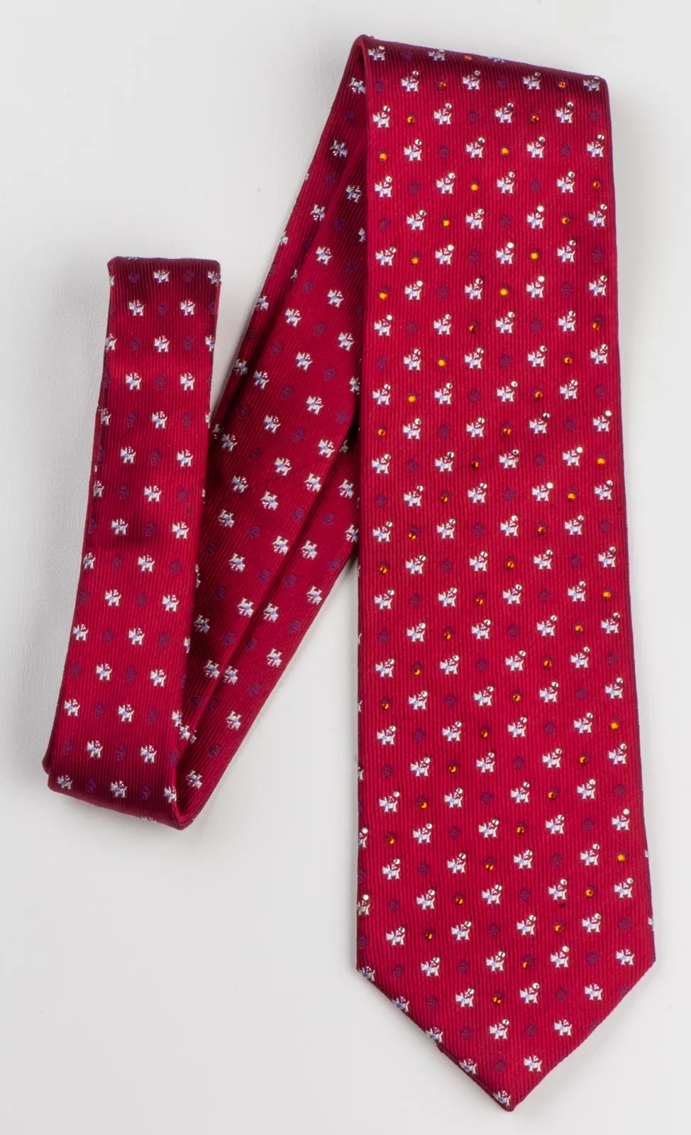 Scottie Dog Silk Neck Tie With Rhinestones Silver Scotty Dog On Burgundy
