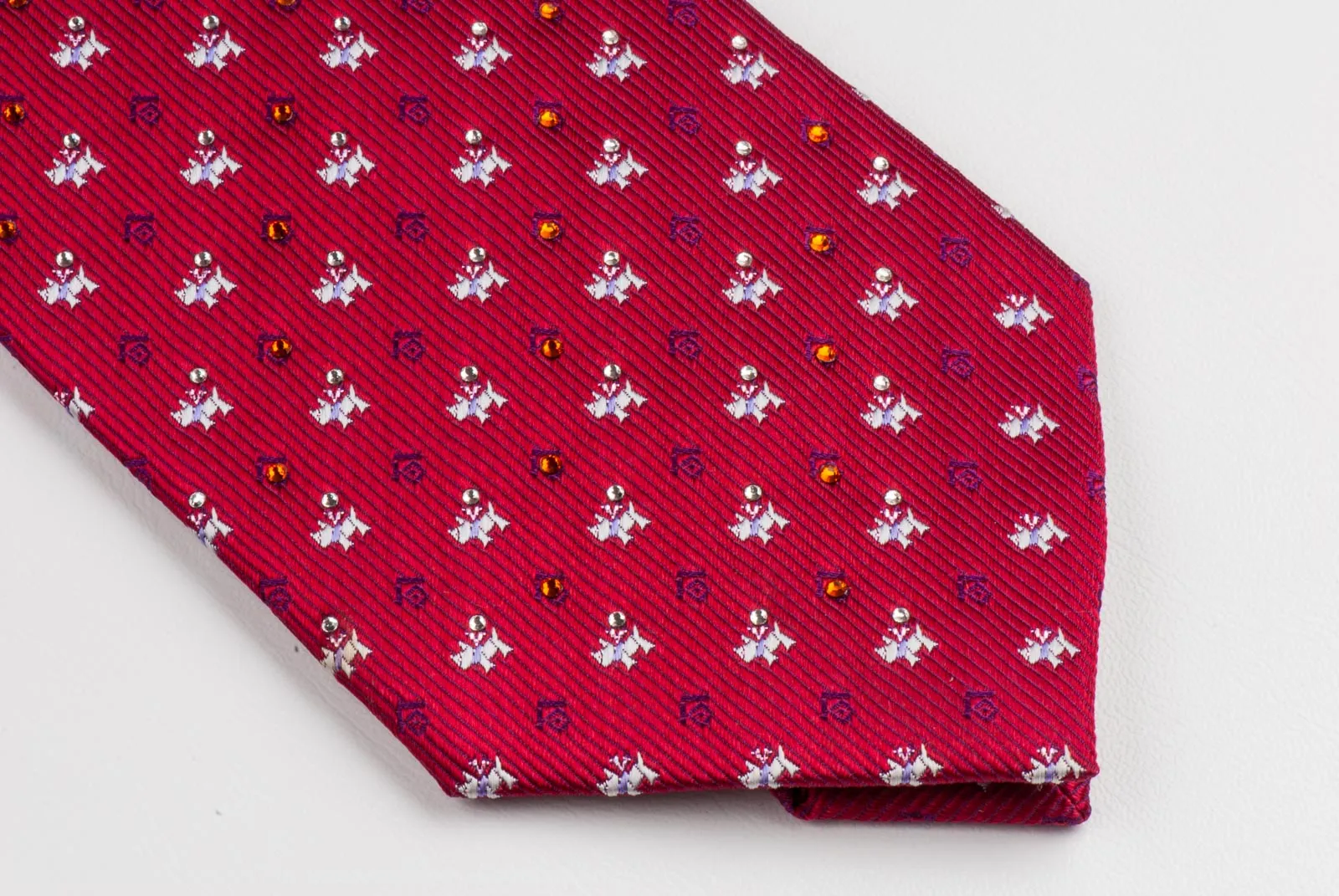 Scottie Dog Silk Neck Tie With Rhinestones Silver Scotty Dog On Burgundy