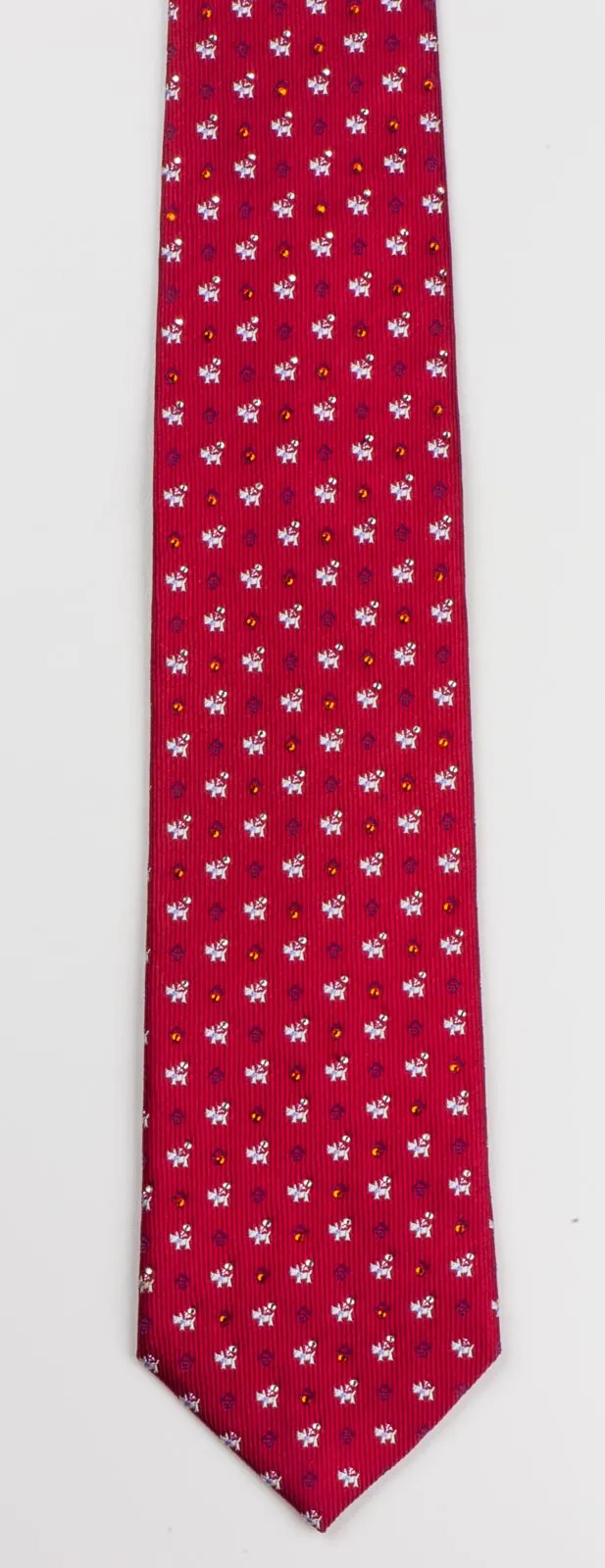 Scottie Dog Silk Neck Tie With Rhinestones Silver Scotty Dog On Burgundy