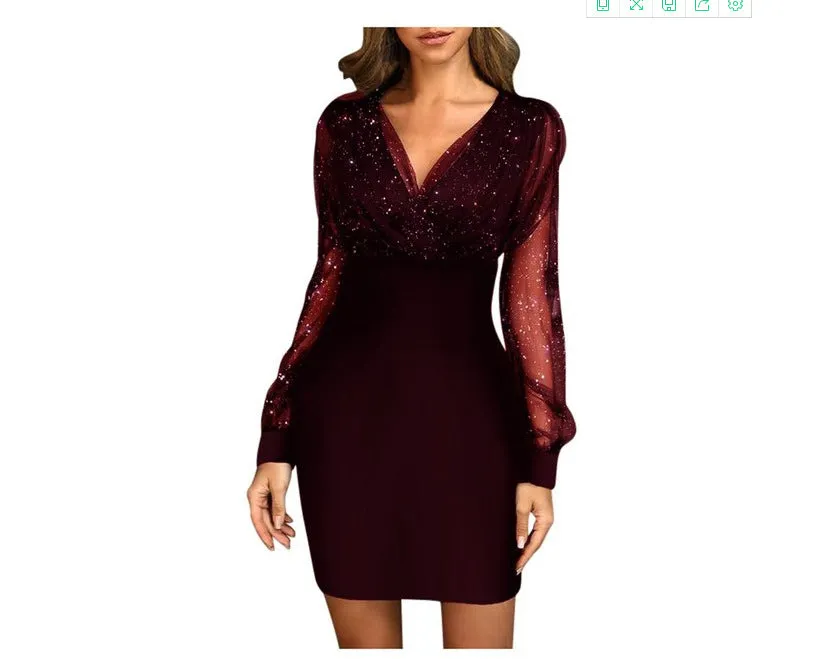 Short Skirt Mesh V-neck Sequined Slim-fit Sexy Dress