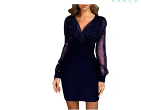 Short Skirt Mesh V-neck Sequined Slim-fit Sexy Dress