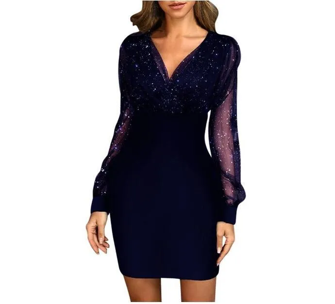 Short Skirt Mesh V-neck Sequined Slim-fit Sexy Dress