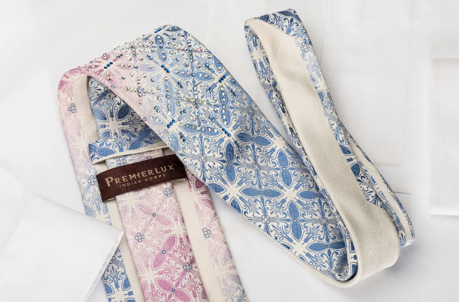 Silk Rhinestone Tie Blue Pink Anthemion On White With Sparkles