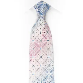 Silk Rhinestone Tie Blue Pink Anthemion On White With Sparkles