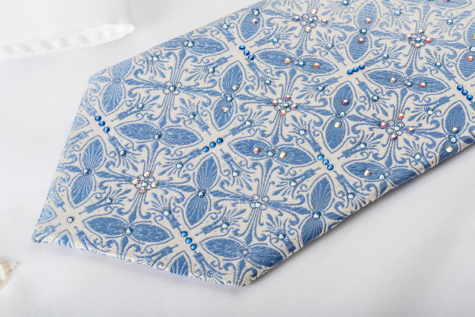 Silk Rhinestone Tie Blue Pink Anthemion On White With Sparkles
