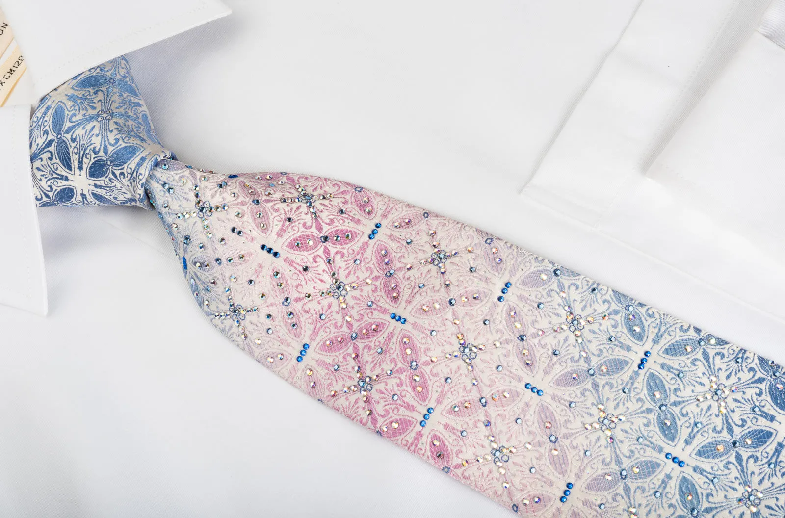 Silk Rhinestone Tie Blue Pink Anthemion On White With Sparkles