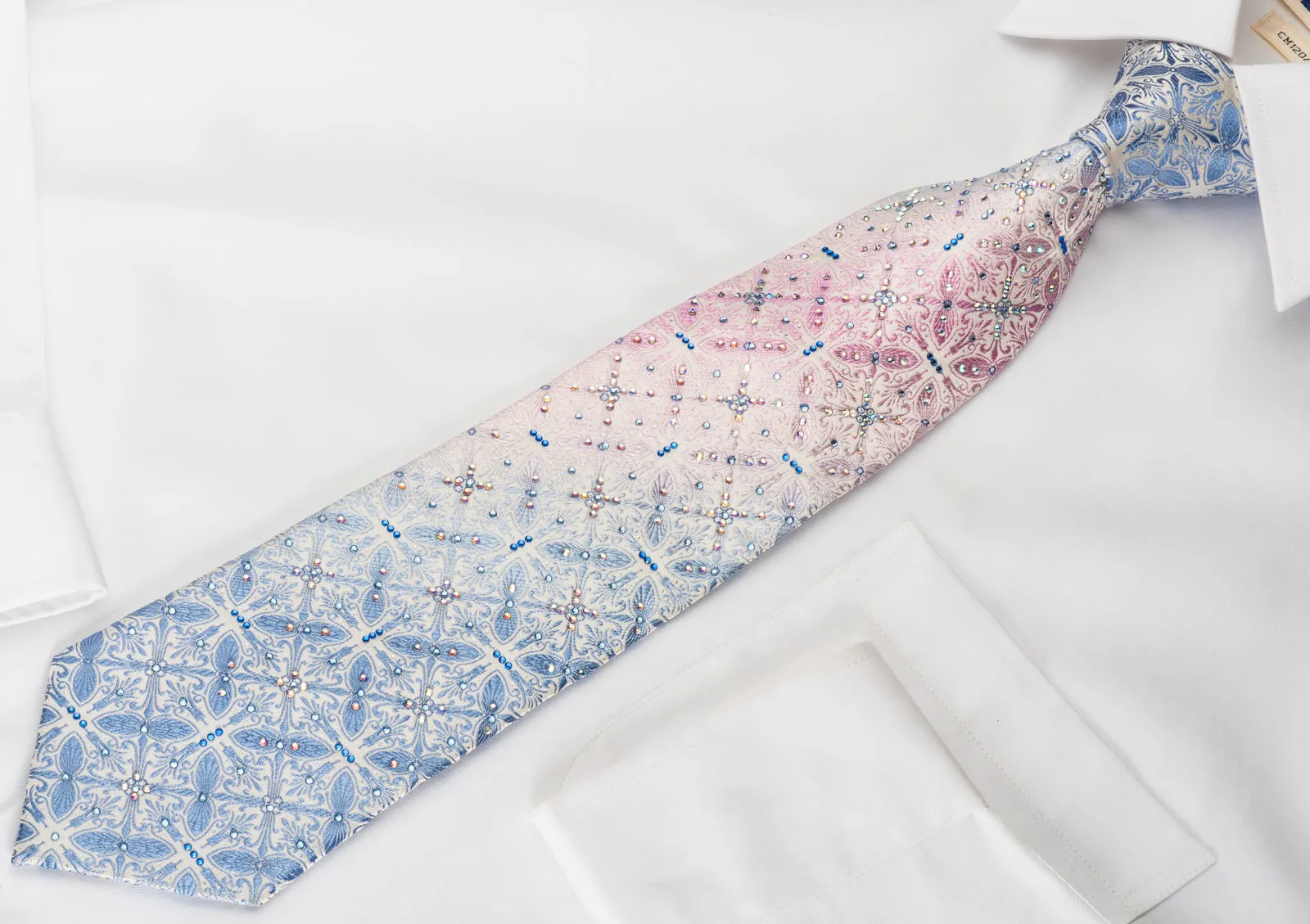 Silk Rhinestone Tie Blue Pink Anthemion On White With Sparkles