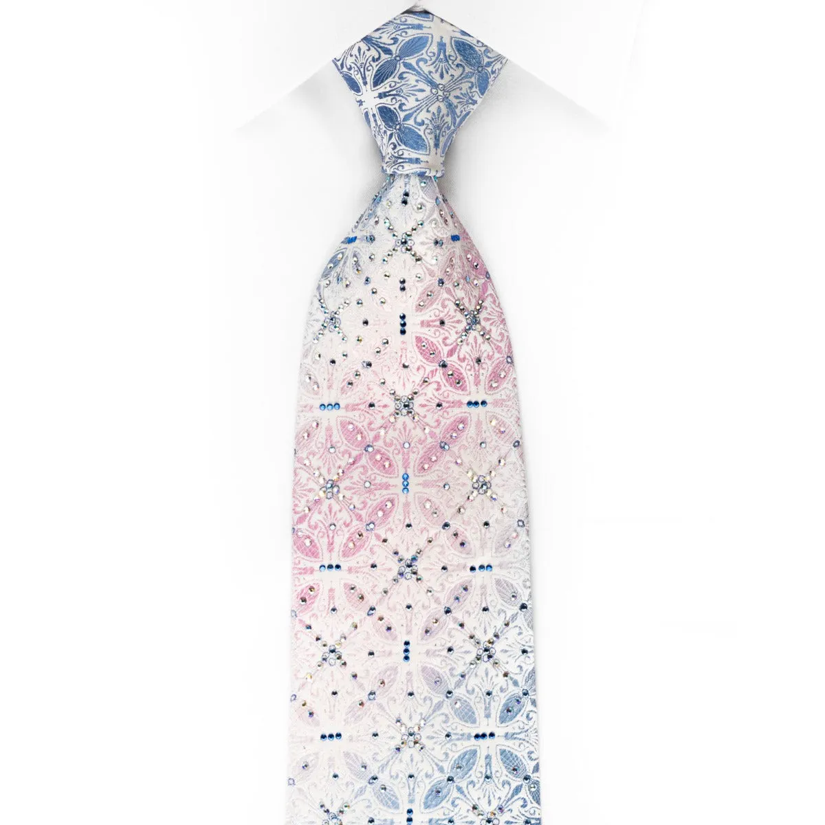 Silk Rhinestone Tie Blue Pink Anthemion On White With Sparkles