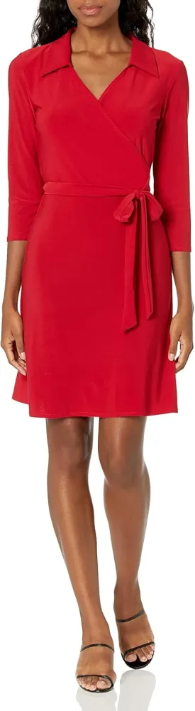 Star Vixen Women's Three-Quarter Sleeve Faux-Wrap Dress with Collar