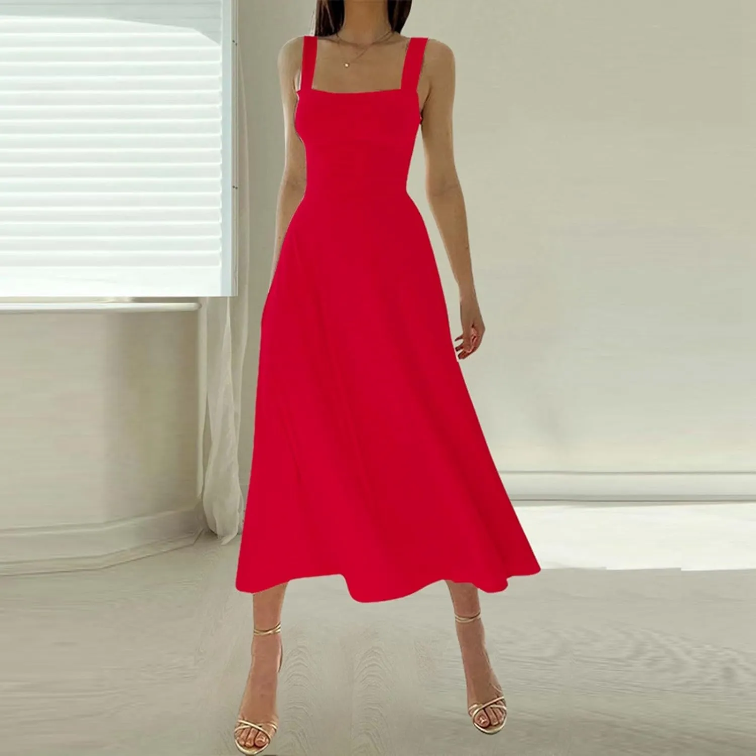 Summer Casual Dresses for Women 2025 Maxi Tank Top Dress Square Neck Sleeveless Drawstring Backless Long Sundress