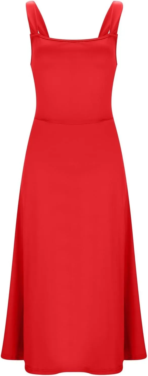 Summer Casual Dresses for Women 2025 Maxi Tank Top Dress Square Neck Sleeveless Drawstring Backless Long Sundress
