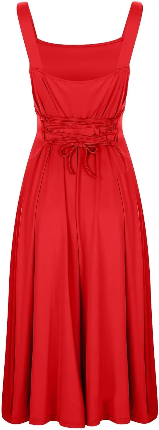 Summer Casual Dresses for Women 2025 Maxi Tank Top Dress Square Neck Sleeveless Drawstring Backless Long Sundress