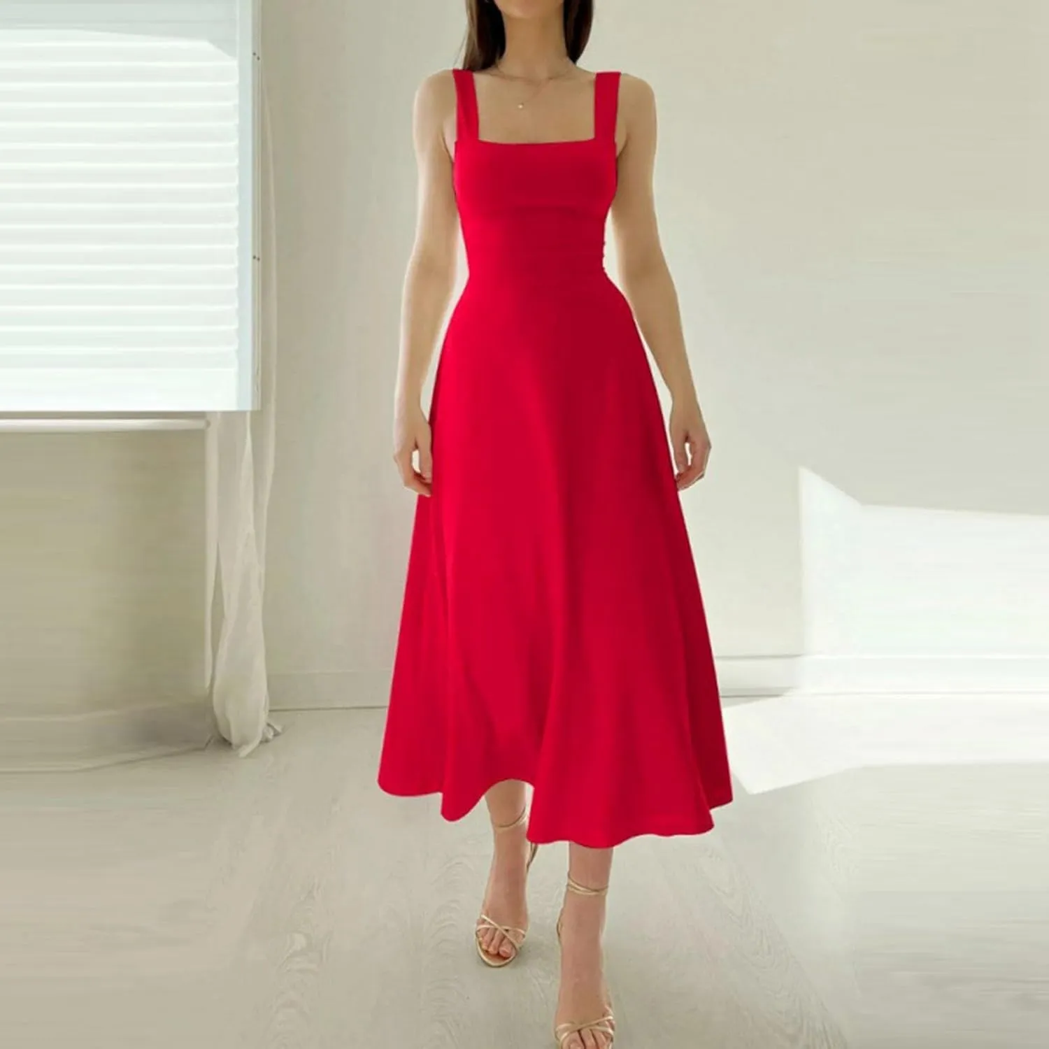Summer Casual Dresses for Women 2025 Maxi Tank Top Dress Square Neck Sleeveless Drawstring Backless Long Sundress