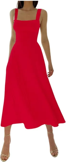Summer Casual Dresses for Women 2025 Maxi Tank Top Dress Square Neck Sleeveless Drawstring Backless Long Sundress