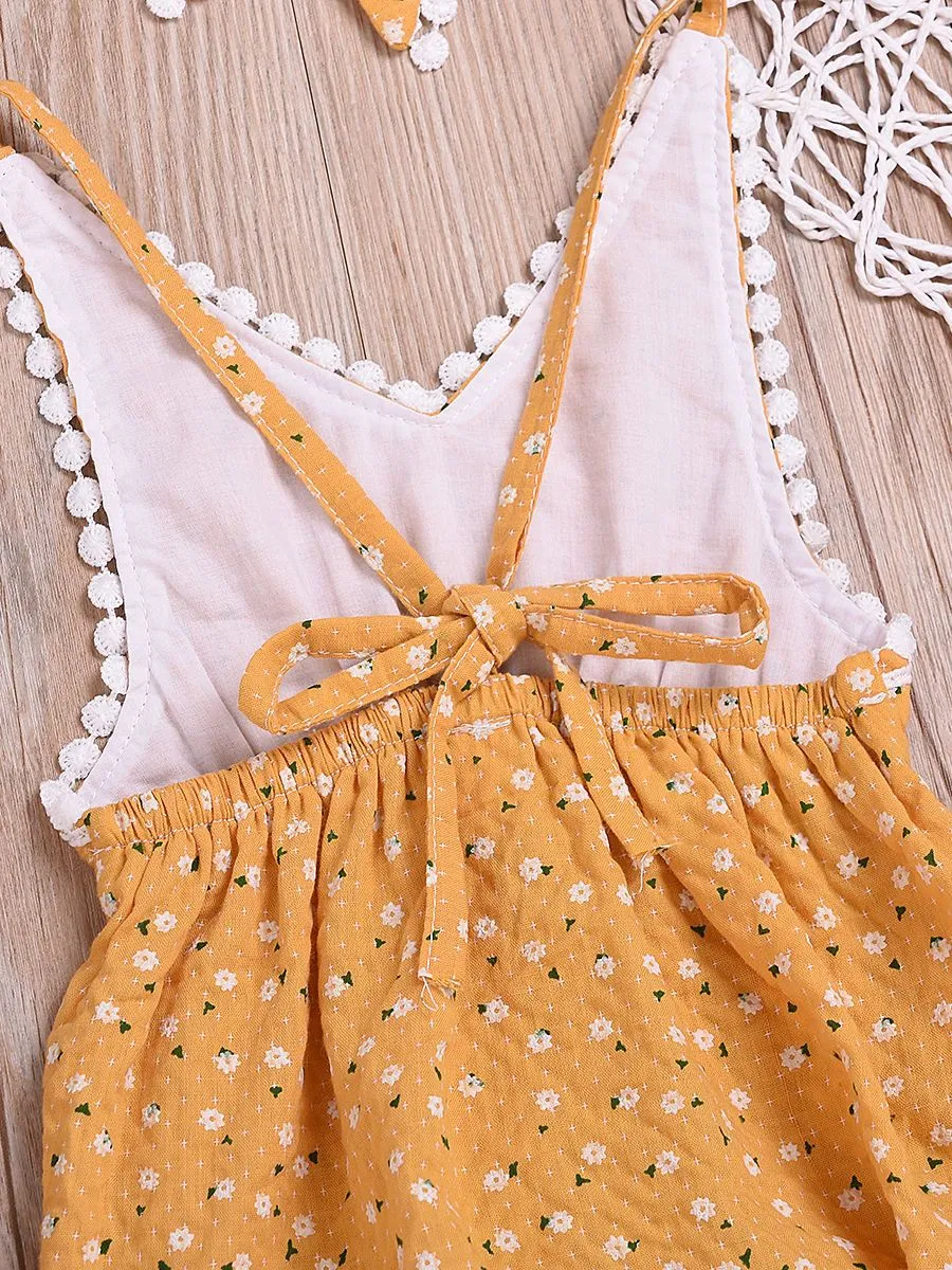 Summer Pom Pom Trimmed Flower Bodysuit Matching Bow Headband