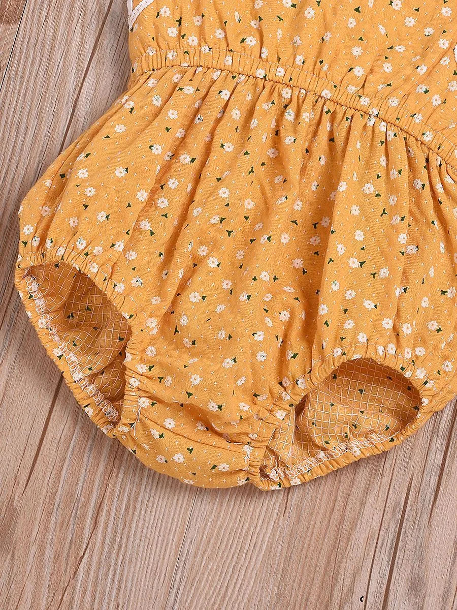 Summer Pom Pom Trimmed Flower Bodysuit Matching Bow Headband