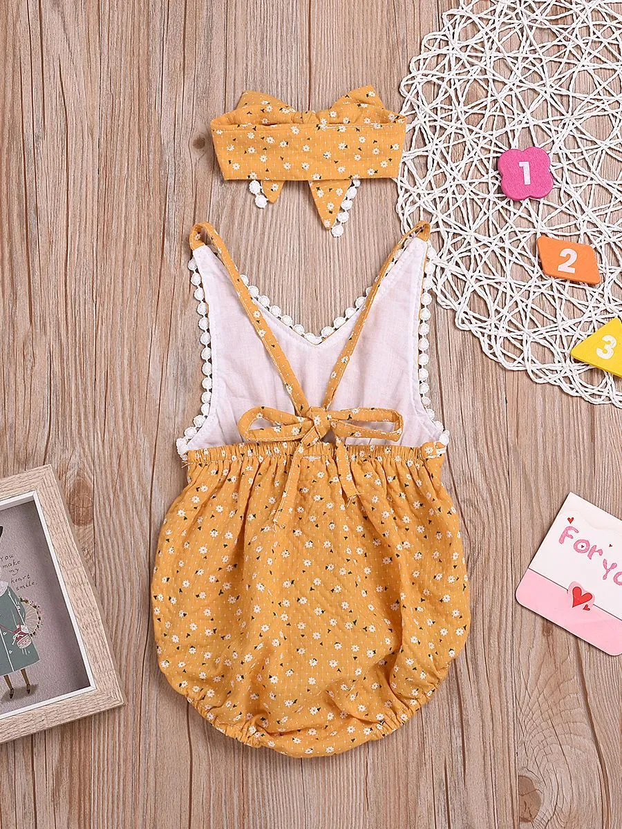 Summer Pom Pom Trimmed Flower Bodysuit Matching Bow Headband
