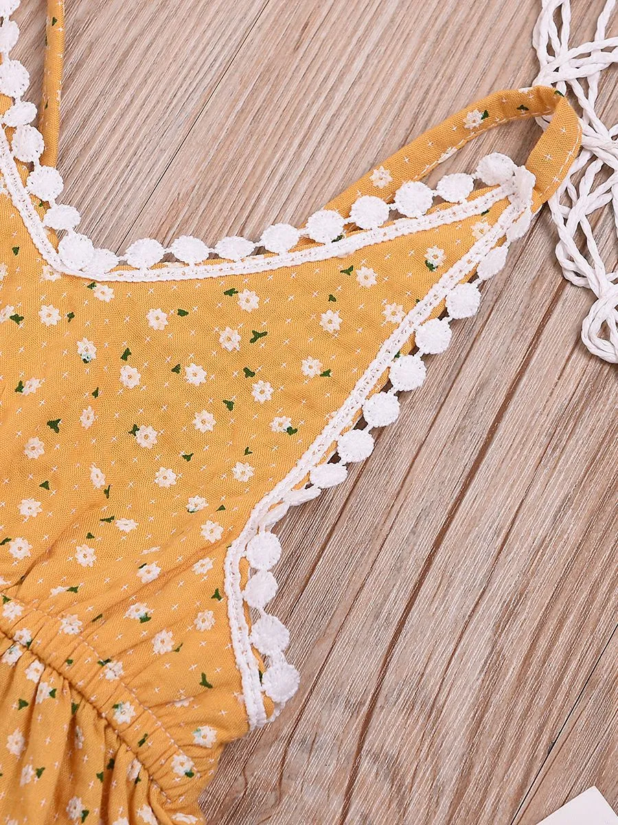 Summer Pom Pom Trimmed Flower Bodysuit Matching Bow Headband