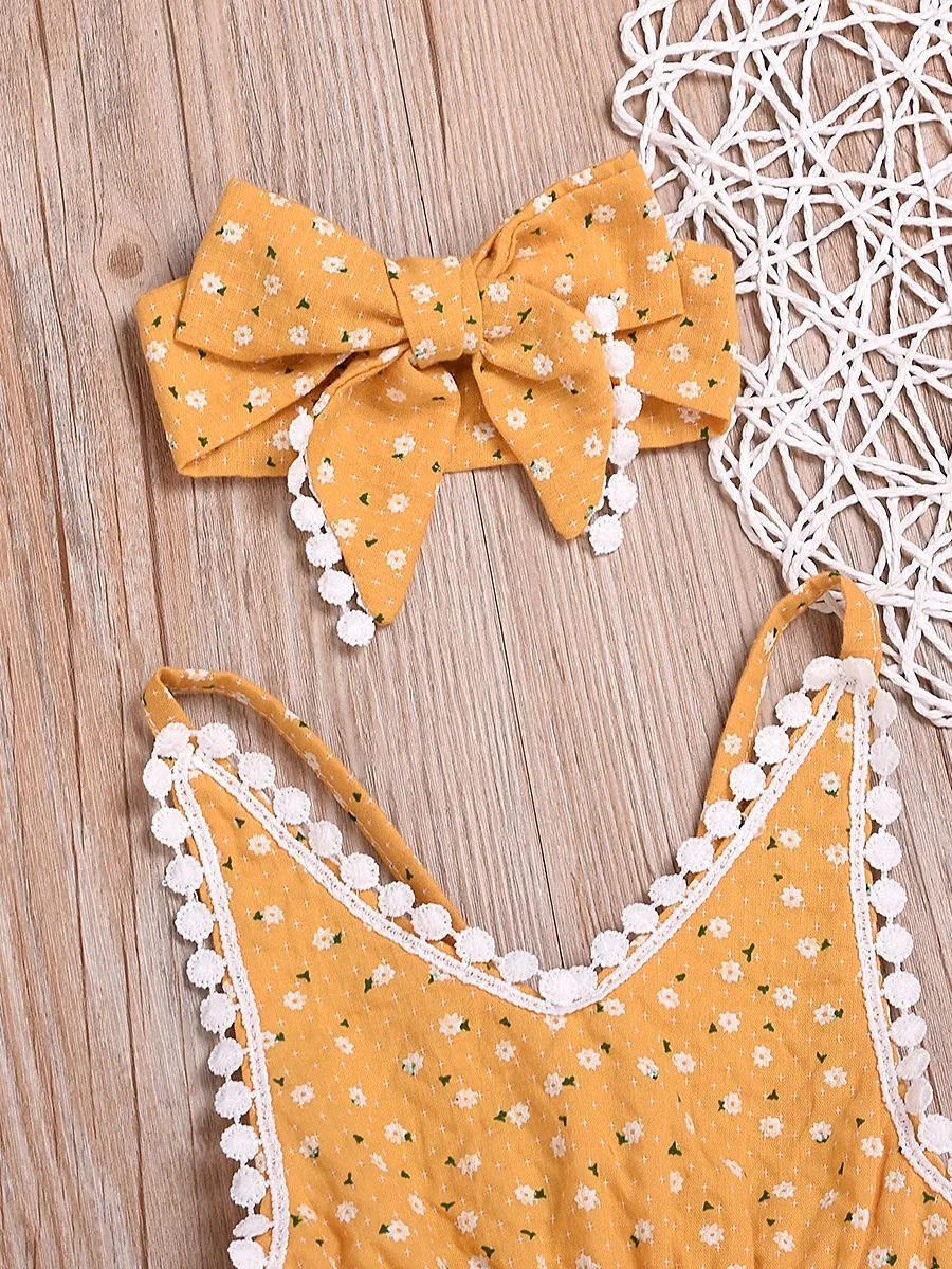 Summer Pom Pom Trimmed Flower Bodysuit Matching Bow Headband