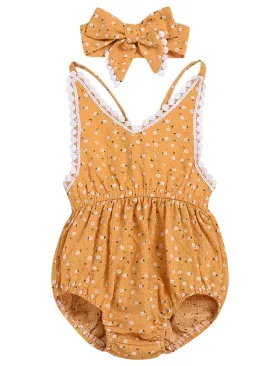 Summer Pom Pom Trimmed Flower Bodysuit Matching Bow Headband