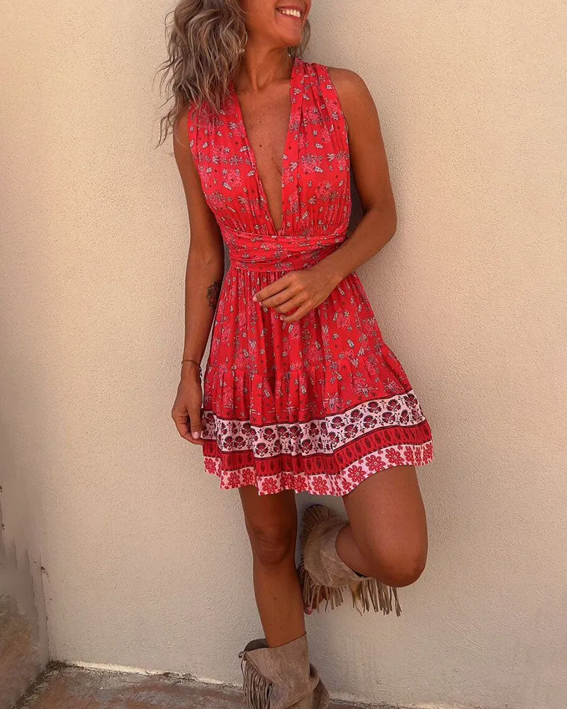 Summer Tie Deep V Neck Short Dress