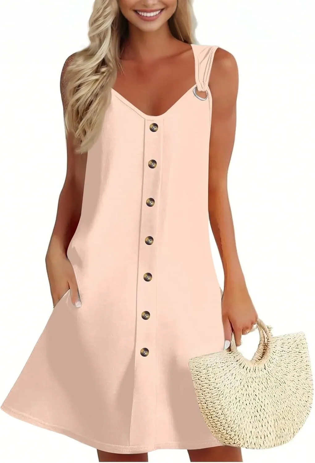 Sun Dresses for Women 2025 Summer Solid/Floral Button Down Sleeveless Midi Dress Loose Vacation Beach Swimsuit Coverups