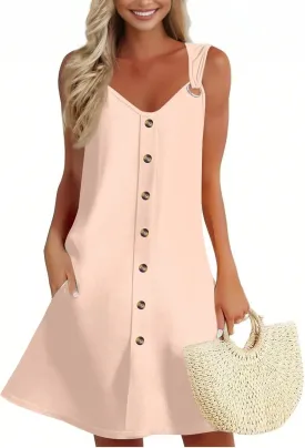 Sun Dresses for Women 2025 Summer Solid/Floral Button Down Sleeveless Midi Dress Loose Vacation Beach Swimsuit Coverups