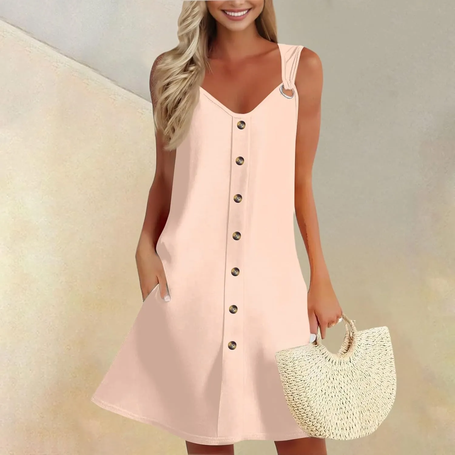 Sun Dresses for Women 2025 Summer Solid/Floral Button Down Sleeveless Midi Dress Loose Vacation Beach Swimsuit Coverups