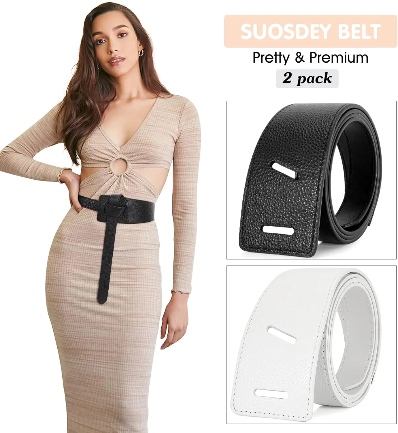 SUOSDEY 2 Pack Women Tie a Knot Belt Genuine Leather Full Grain Leather Waist Belt for Dress Coat Clothing Accessories