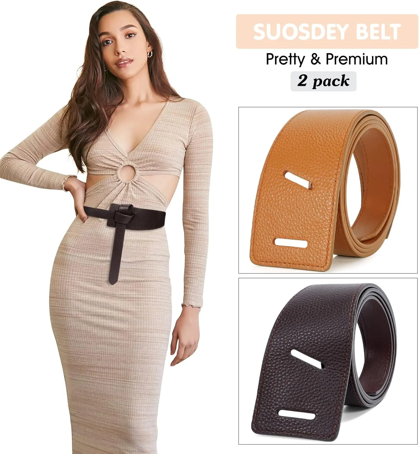 SUOSDEY 2 Pack Women Tie a Knot Belt Genuine Leather Full Grain Leather Waist Belt for Dress Coat Clothing Accessories