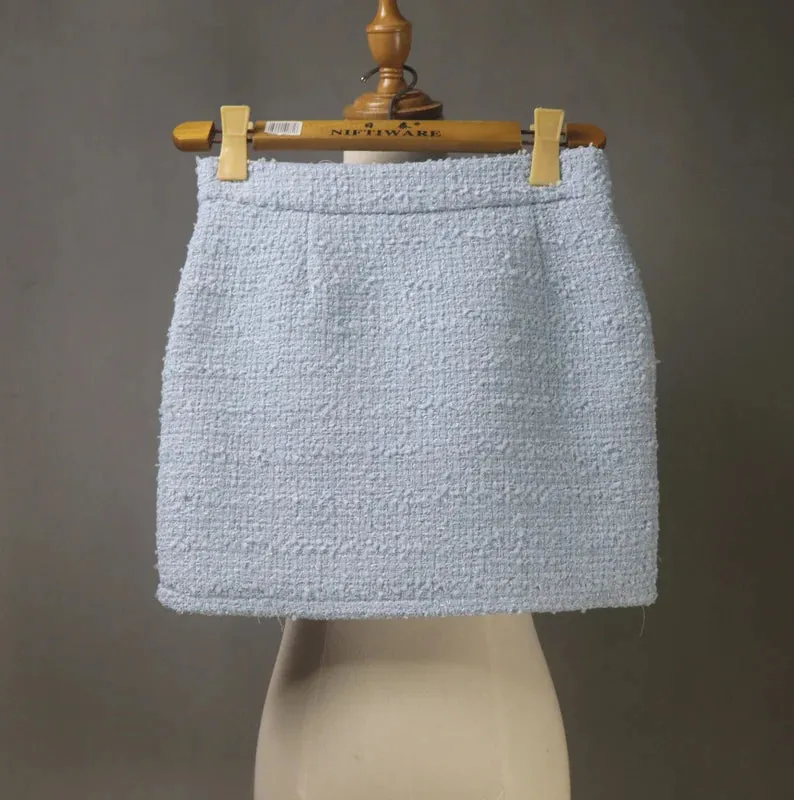 Tailor Made Bespoke Light Blue Suit Tweed  Blazer   Skirt for Women