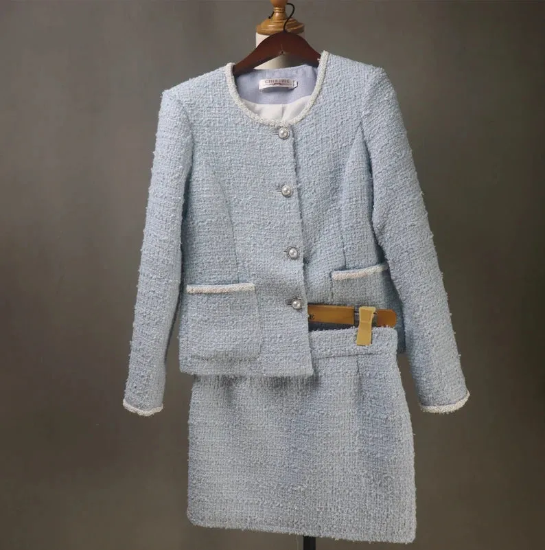 Tailor Made Bespoke Light Blue Suit Tweed  Blazer   Skirt for Women