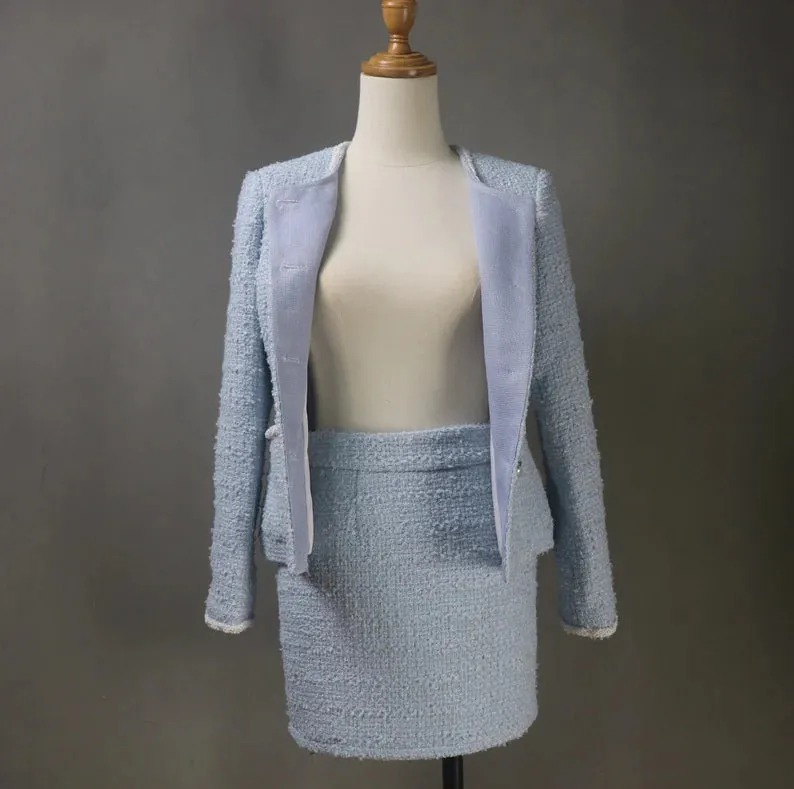 Tailor Made Bespoke Light Blue Suit Tweed  Blazer   Skirt for Women