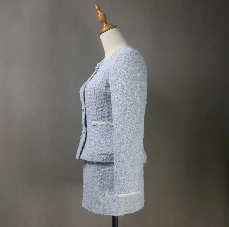 Tailor Made Bespoke Light Blue Suit Tweed  Blazer   Skirt for Women