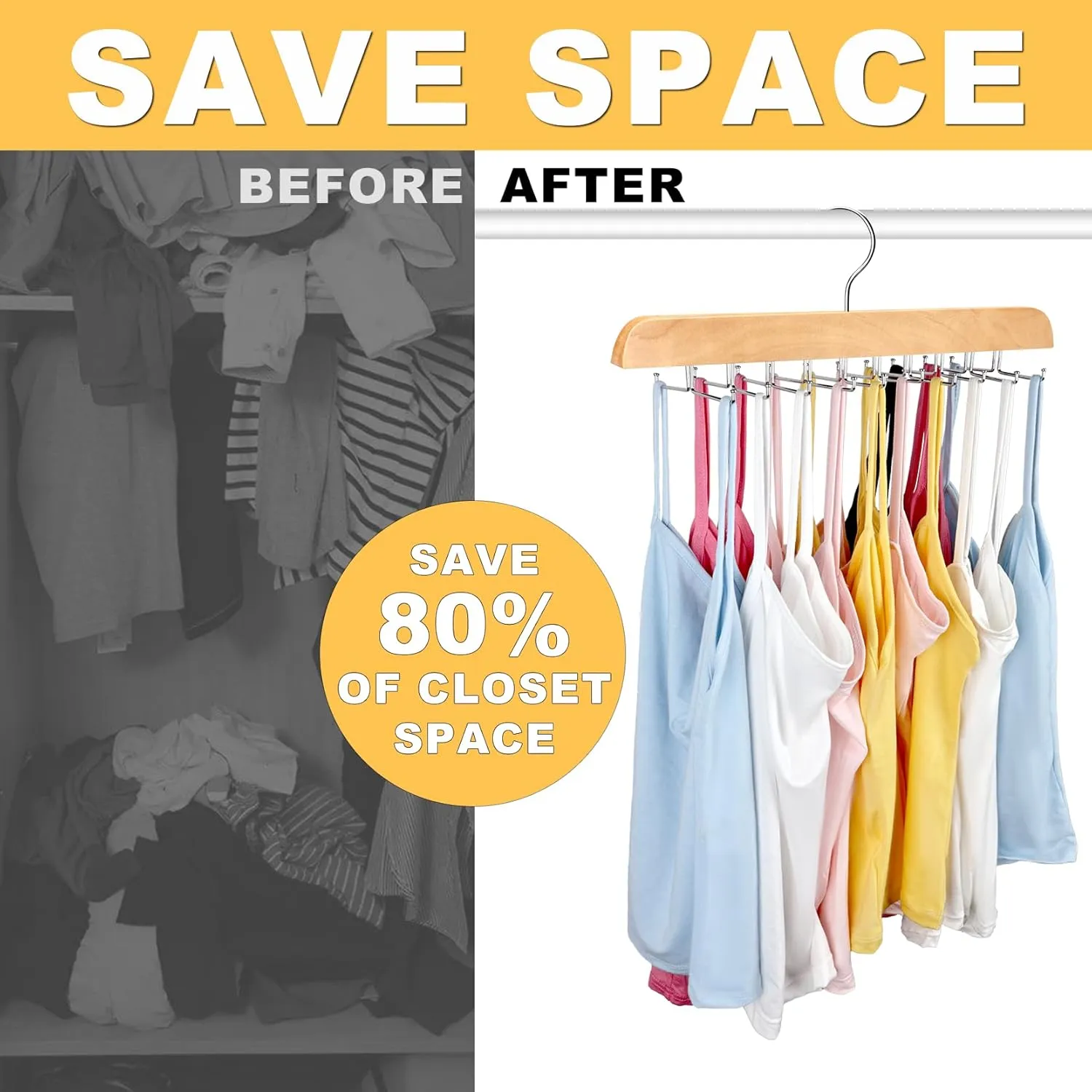Tank Top Hanger with Premium Wood, 20 Large Capacity, Space Saving,360 Degree Rotating, Foldable Metal Hooks, Tank Tops
