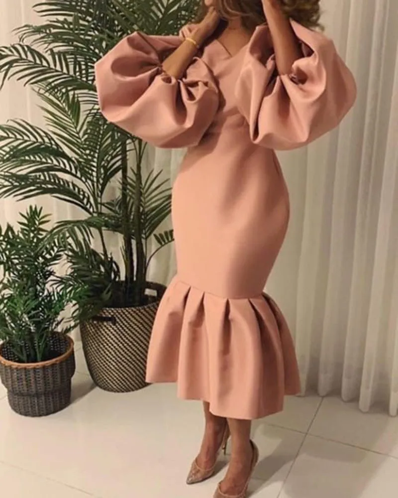 Temperament Commute Plus Size Women's Fashion Solid Color V-neck Bubble Long Sleeve Fishtail Dress
