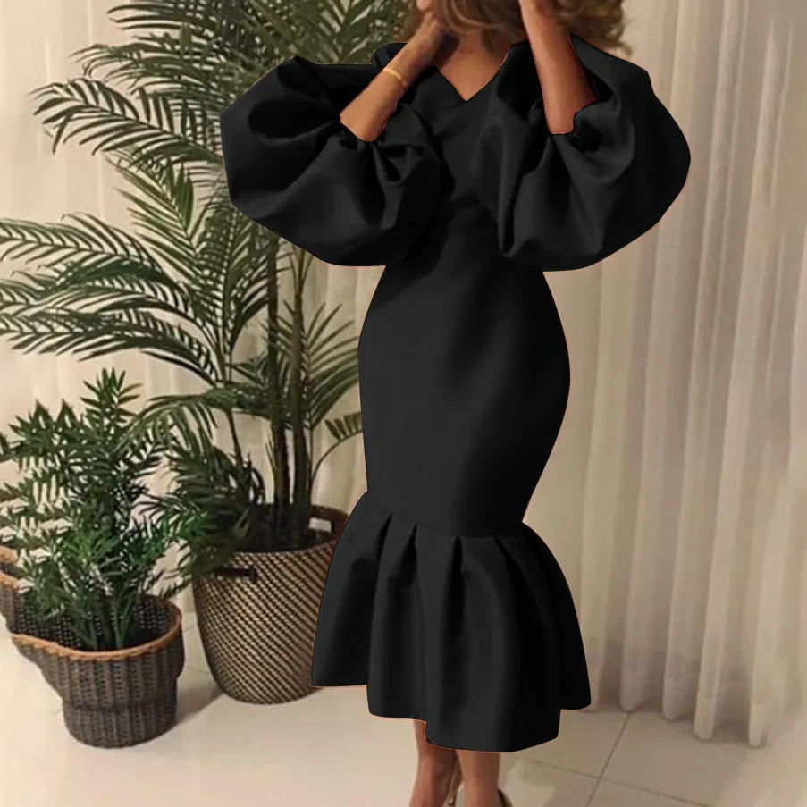 Temperament Commute Plus Size Women's Fashion Solid Color V-neck Bubble Long Sleeve Fishtail Dress