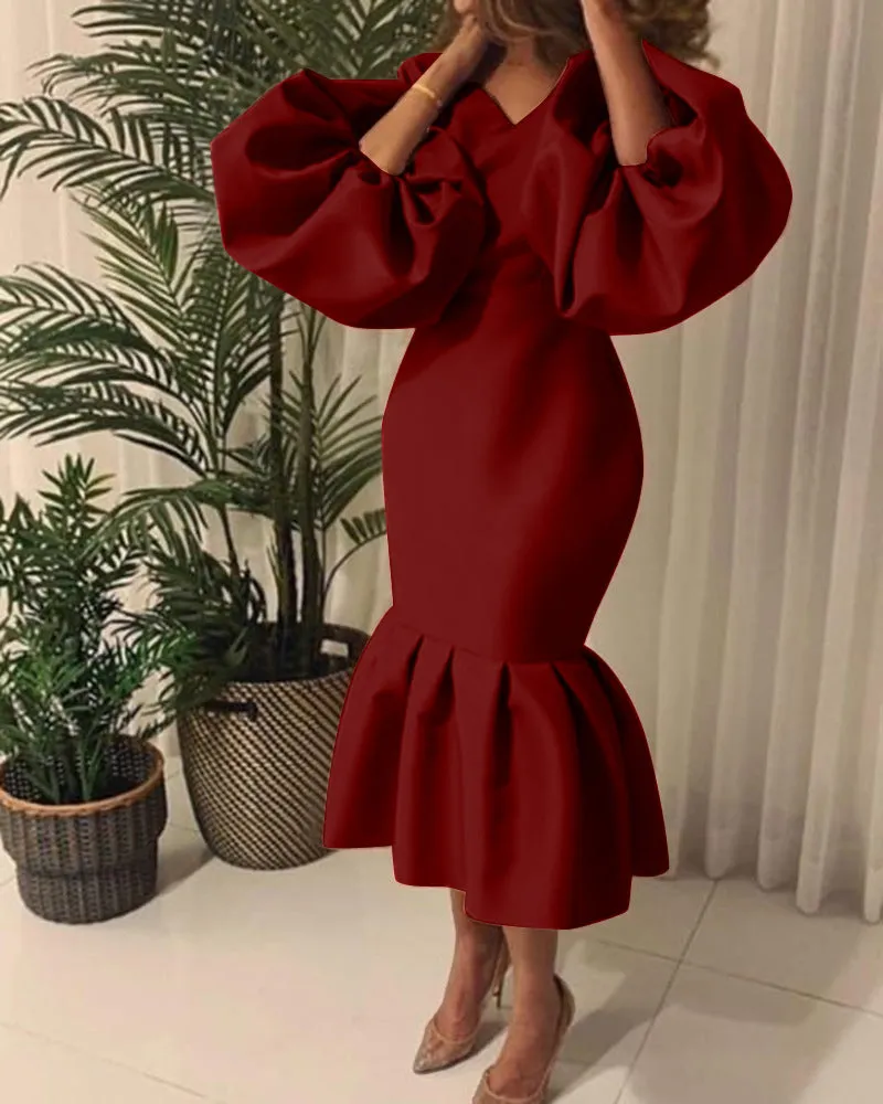 Temperament Commute Plus Size Women's Fashion Solid Color V-neck Bubble Long Sleeve Fishtail Dress