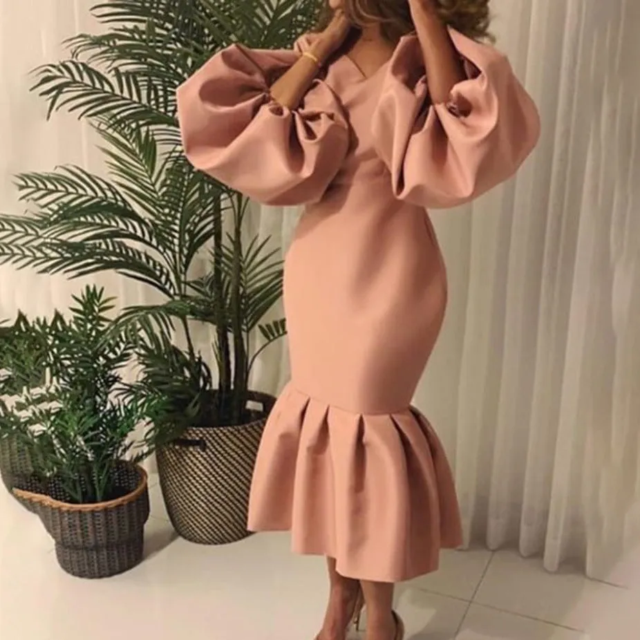 Temperament Commute Plus Size Women's Fashion Solid Color V-neck Bubble Long Sleeve Fishtail Dress