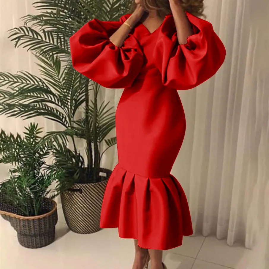 Temperament Commute Plus Size Women's Fashion Solid Color V-neck Bubble Long Sleeve Fishtail Dress