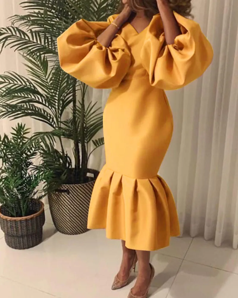 Temperament Commute Plus Size Women's Fashion Solid Color V-neck Bubble Long Sleeve Fishtail Dress
