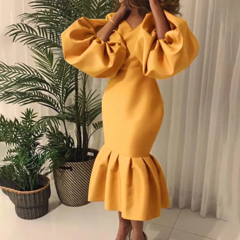 Temperament Commute Plus Size Women's Fashion Solid Color V-neck Bubble Long Sleeve Fishtail Dress