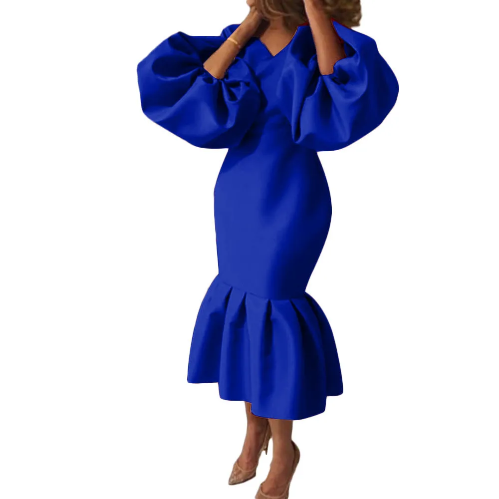 Temperament Commute Plus Size Women's Fashion Solid Color V-neck Bubble Long Sleeve Fishtail Dress