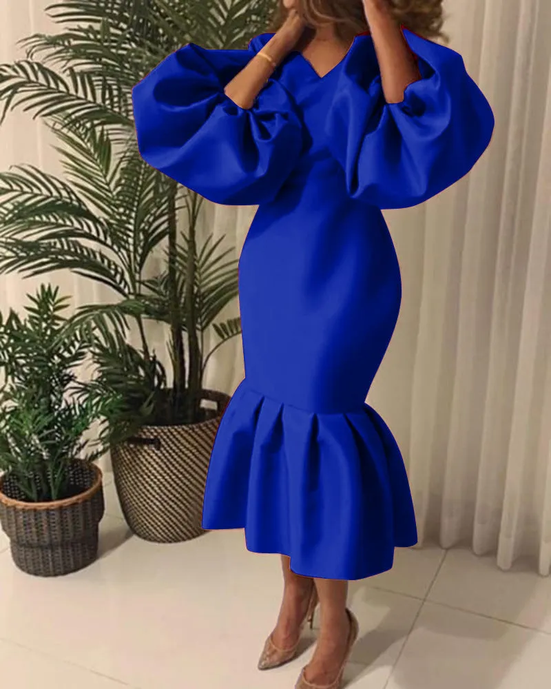 Temperament Commute Plus Size Women's Fashion Solid Color V-neck Bubble Long Sleeve Fishtail Dress