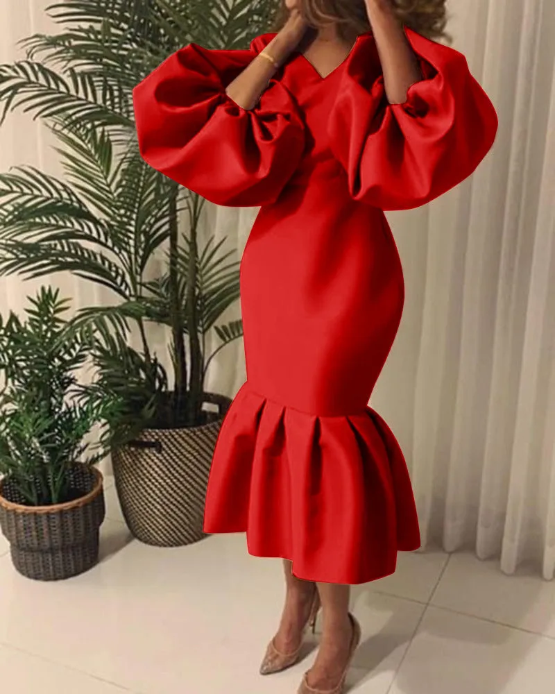 Temperament Commute Plus Size Women's Fashion Solid Color V-neck Bubble Long Sleeve Fishtail Dress