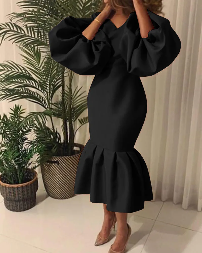Temperament Commute Plus Size Women's Fashion Solid Color V-neck Bubble Long Sleeve Fishtail Dress