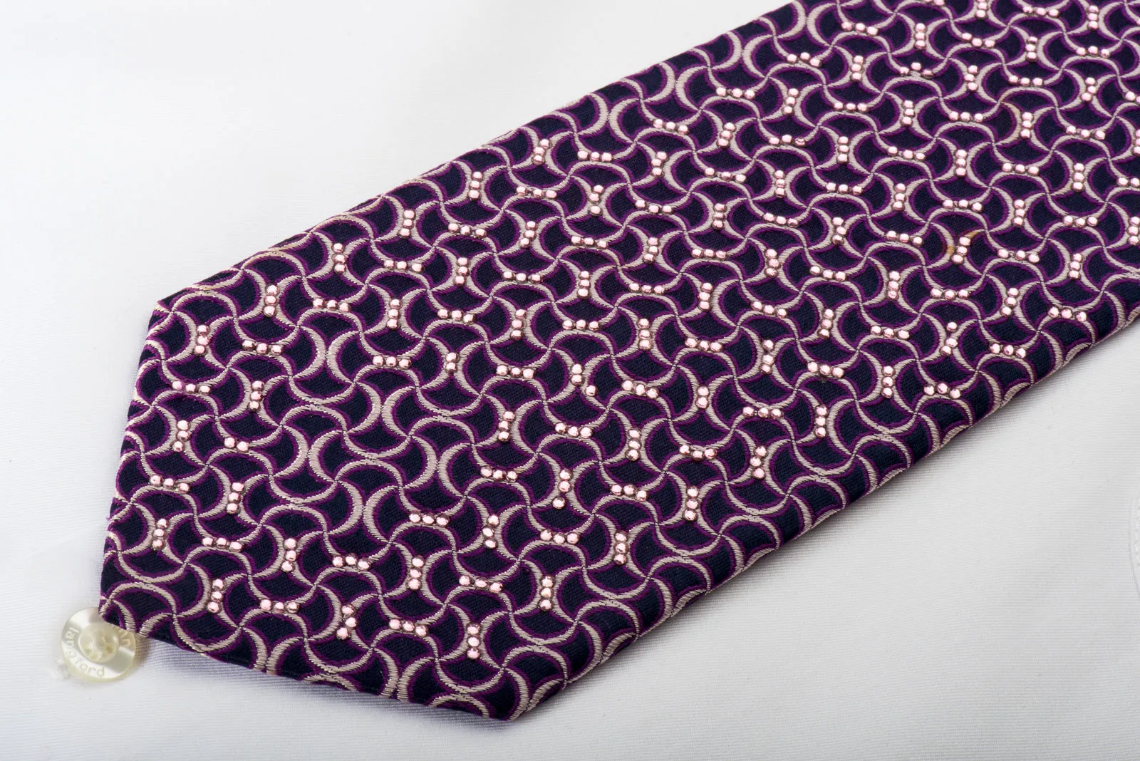 Tie Studio Silk Necktie Geometric Waves On Dark Purple Sparkling With Rhinestones
