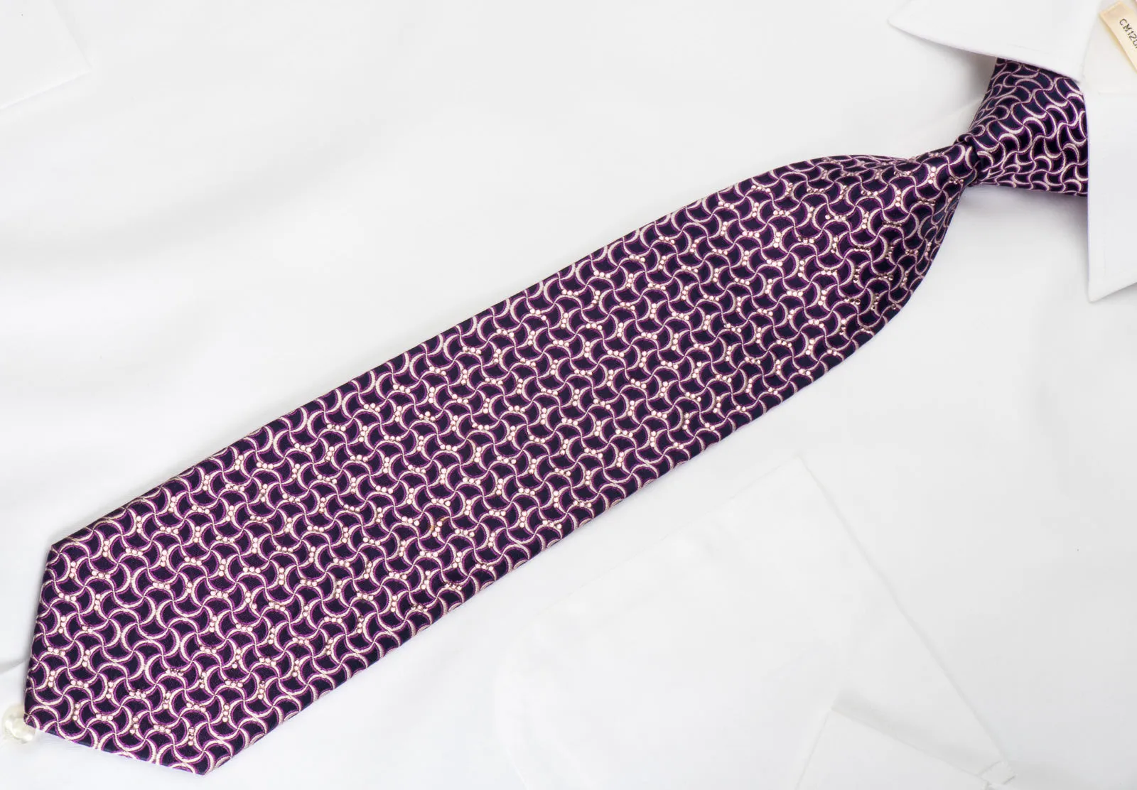 Tie Studio Silk Necktie Geometric Waves On Dark Purple Sparkling With Rhinestones