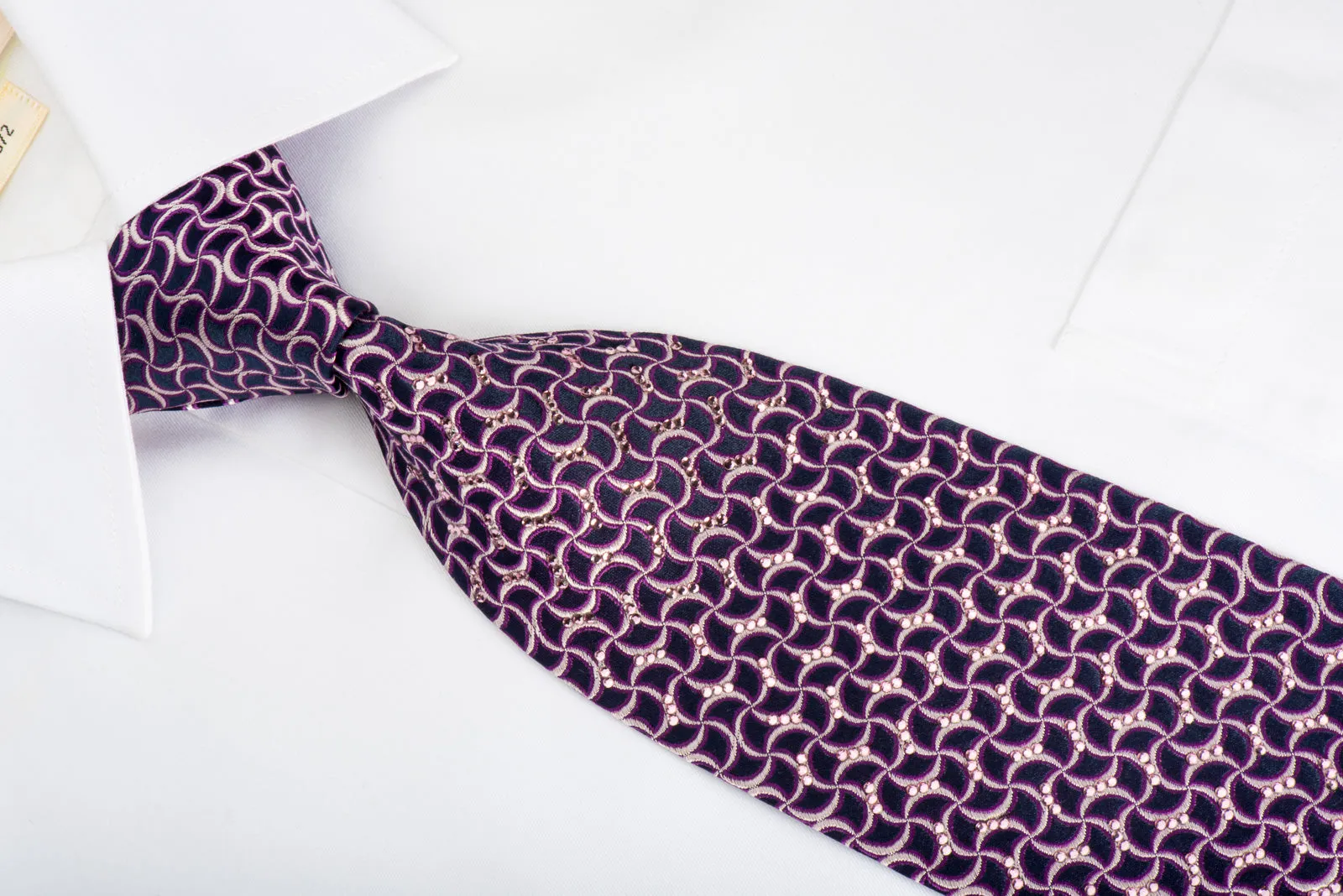 Tie Studio Silk Necktie Geometric Waves On Dark Purple Sparkling With Rhinestones