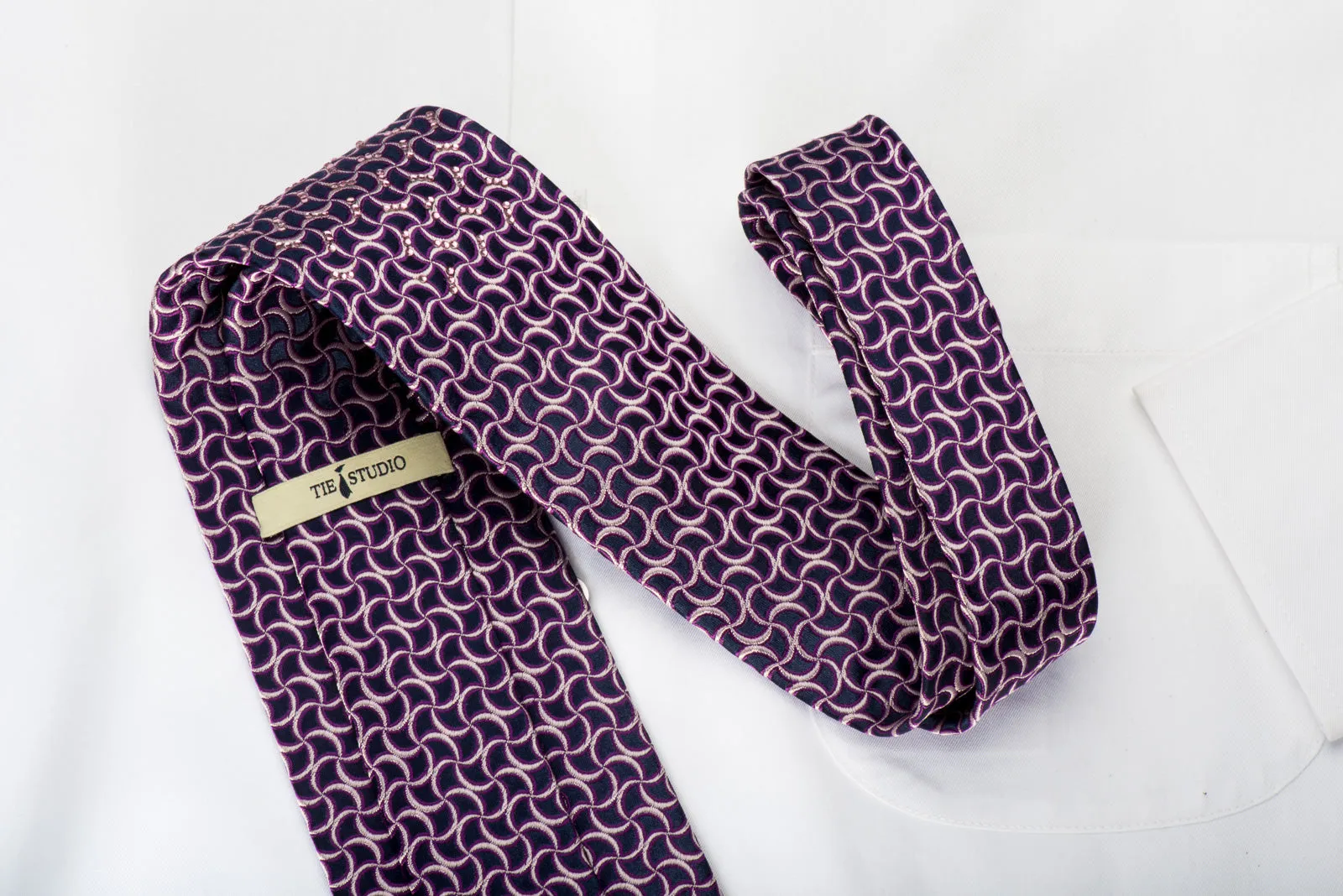 Tie Studio Silk Necktie Geometric Waves On Dark Purple Sparkling With Rhinestones